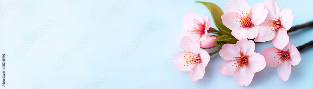 Delicate pink cherry blossoms arranged on a soft blue background, symbolizing beauty. Delicate pink cherry blossoms arranged on a soft blue background, symbolizing beauty.