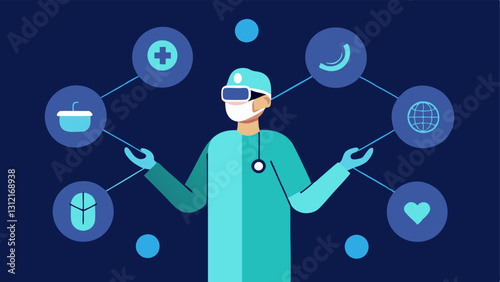 Virtual Reality Interaction A surgeon in an operating room reaching out to reposition floating icons in AR that represent and structures indicated during the procedure.