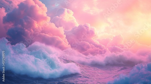 Dynamic ocean waves at sunset nature scene digital art serene environment wide view