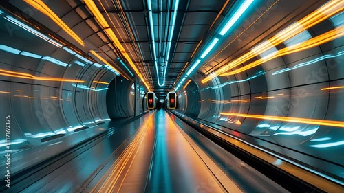 Futuristic high-speed tunnel with neon blue and orange lights creating motion blur and perspective depth
