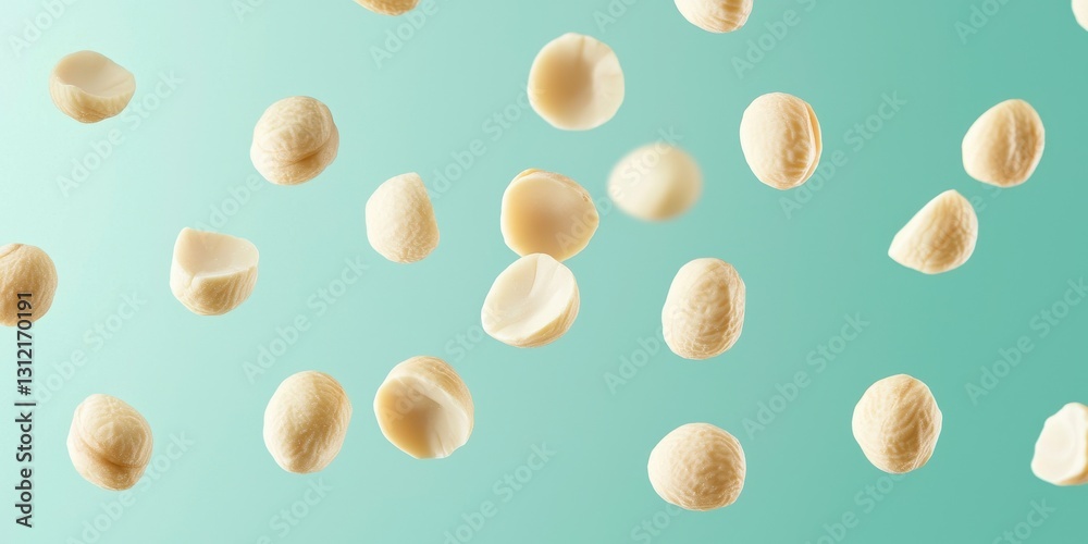 Floating macadamia nuts with soft, pale beige color on a light teal background Floating macadamia nuts with soft, pale beige color on a light teal background