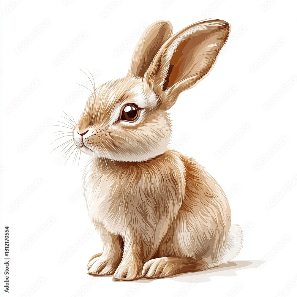Fototapeta premium Realistic sketch engraving of a fluffy brown rabbit sitting on a white background with fine fur details