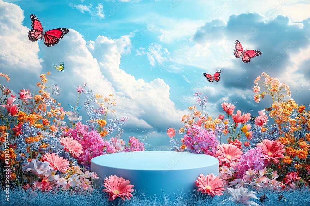 Enchanting butterfly garden scene with floral creations and blue platform serene nature setting
