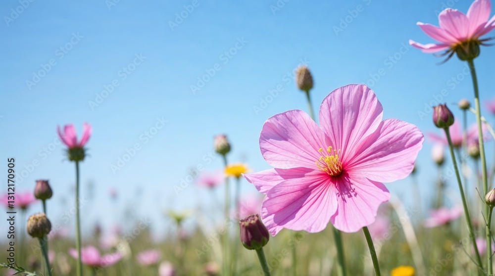 Pink Cosmos Bloom: A single pink cosmos flower bursts into vibrant life, its petals unfurling in the gentle summer breeze. The flower stands tall and proud against a backdrop of clear blue sky. Pink Cosmos Bloom: A single pink cosmos flower bursts into vibrant life, its petals unfurling in the gentle summer breeze. The flower stands tall and proud against a backdrop of clear blue sky.