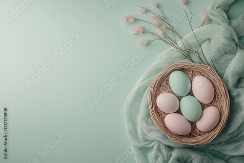 Colorful easter eggs in a woven basket minimalist setting soft green background
