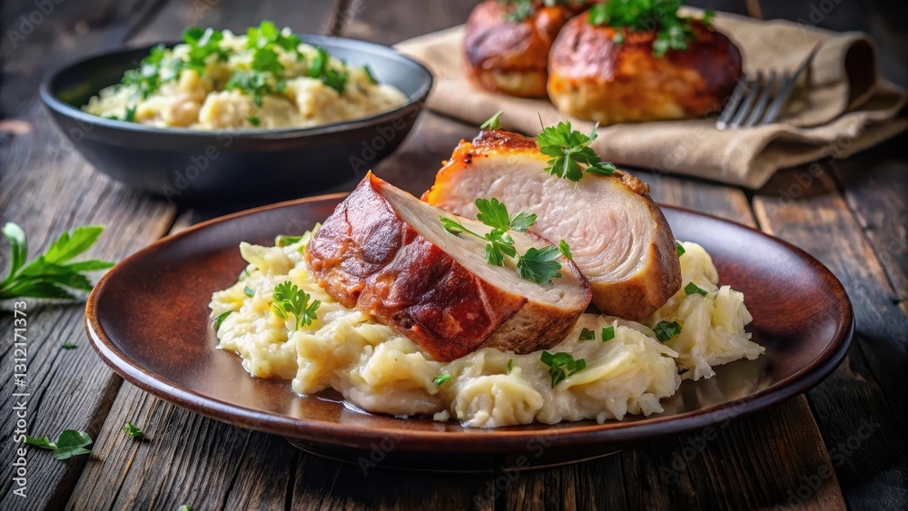 A juicy knuckle of pork served on a plate with sauerkraut and creamy potato mash, garnished with fresh parsley and herbs A juicy knuckle of pork served on a plate with sauerkraut and creamy potato mash, garnished with fresh parsley and herbs