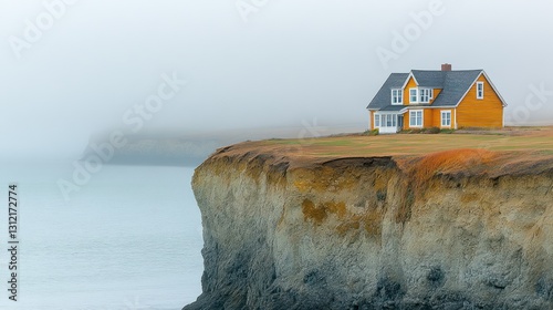 Misty coastal house on a cliff