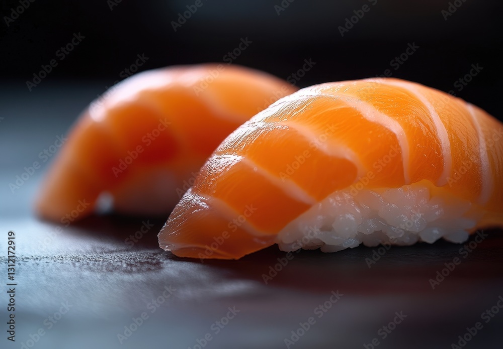 Fresh sushi rolls with vibrant orange salmon slices on bed of white rice placed on dark wooden surface, showcasing culinary art and gourmet presentation Fresh sushi rolls with vibrant orange salmon slices on bed of white rice placed on dark wooden surface, showcasing culinary art and gourmet presentation
