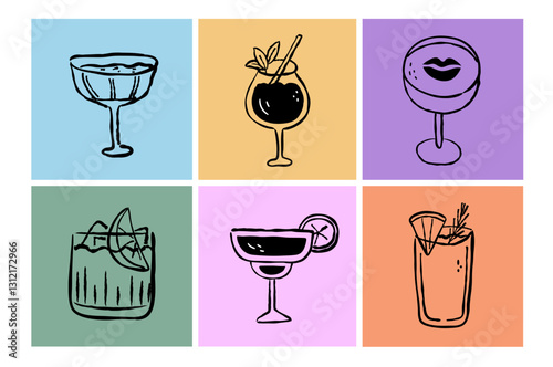 Party cocktail drink isolated set in line art outline style. Hand drawn doodle outline vector illustration