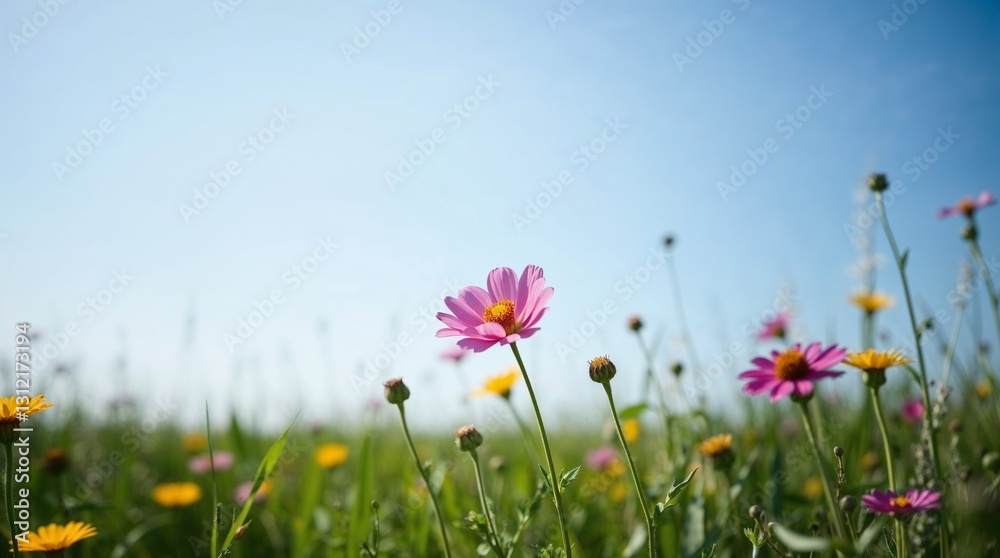 Blooming Meadow: A vibrant meadow bursts with a colorful array of wildflowers swaying gently in the breeze under a clear, azure sky. Capturing the beauty of nature's palette Blooming Meadow: A vibrant meadow bursts with a colorful array of wildflowers swaying gently in the breeze under a clear, azure sky. Capturing the beauty of nature's palette