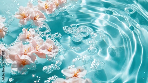 Delicate pink blossoms gently float on a surface of rippling turquoise water, surrounded by bubbles