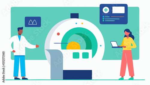 Userfriendly Interface A wide shot of the whole MRI machine with an intuitive user interface populated with icons and sliders alongside the technician explaining the process to a