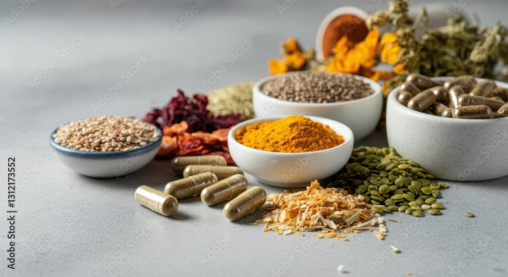 Assortment of natural herbal supplements and spices on gray surface Assortment of natural herbal supplements and spices on gray surface