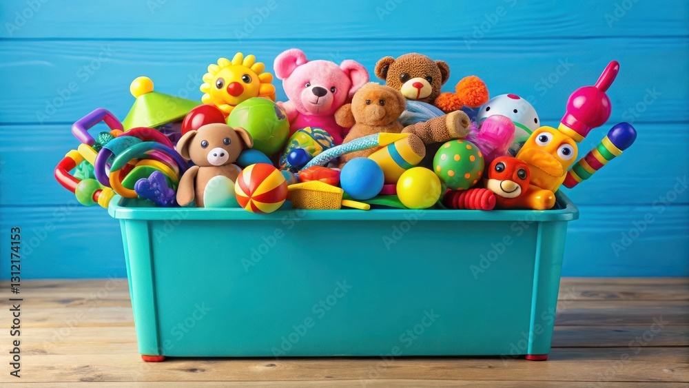 Obraz premium Colorful toy-filled donation box overflowing with vibrant playthings, a symbol of generosity and kindness towards children's happiness , playtime, colorful