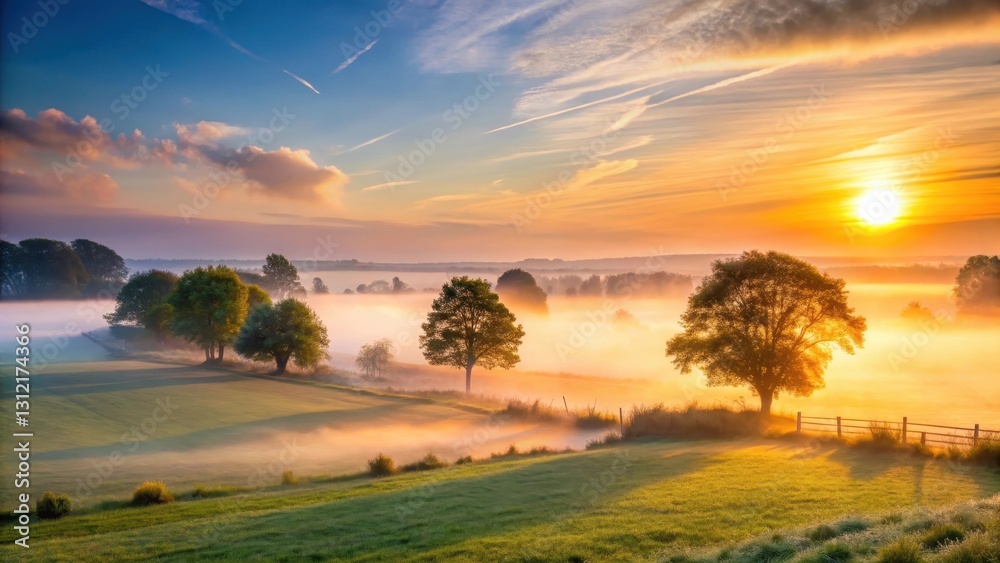 Misty morning sunrise over rural countryside, peaceful , dawn, peaceful , dawn, countryside, hills, trees Misty morning sunrise over rural countryside, peaceful , dawn, peaceful , dawn, countryside, hills, trees