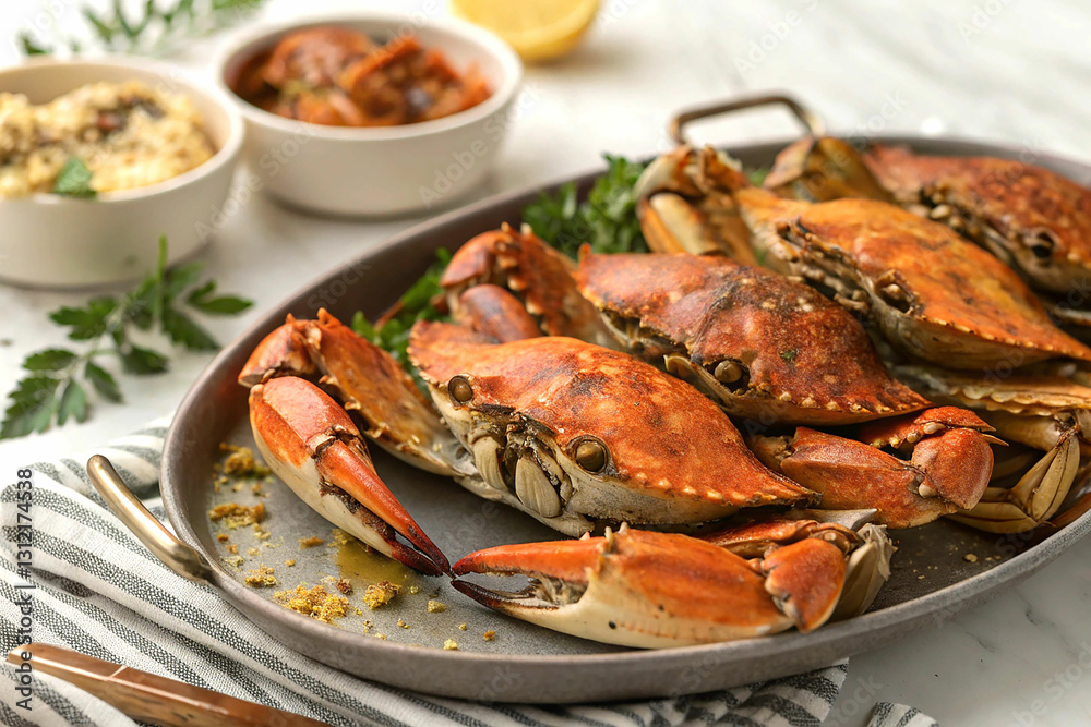 Delicious Steamed Crabs Served with Sauce on a Dark Tray
