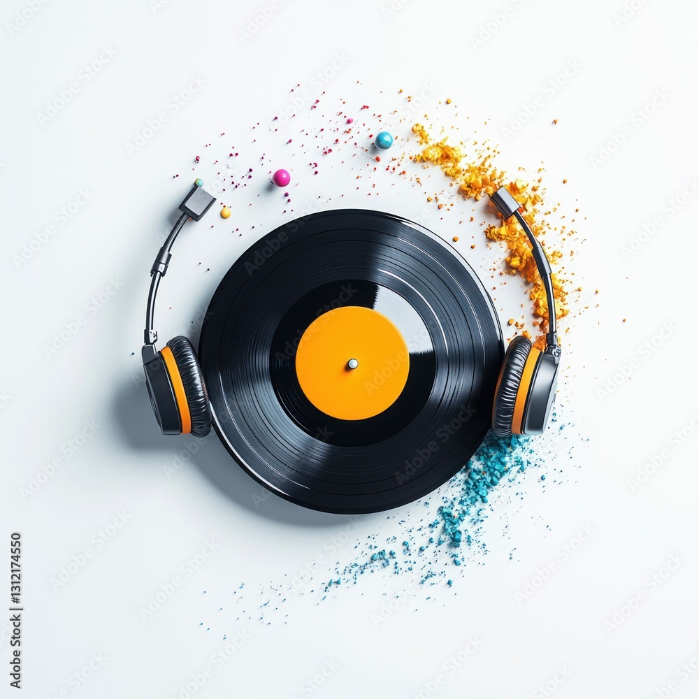 Vinyl Record Morphs into a Cosmic Planet with Headphone Orbits Vinyl Record Morphs into a Cosmic Planet with Headphone Orbits