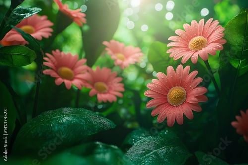Blooming pink daisies in lush green garden nature photography serene atmosphere close-up