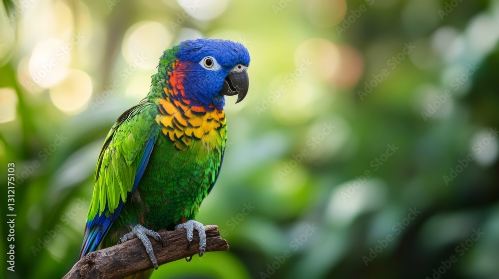 Vibrant blue and green parrot perched on a branch, intricate feather details, blurred tropical rainforest in the background generative ai Vibrant blue and green parrot perched on a branch, intricate feather details, blurred tropical rainforest in the background generative ai