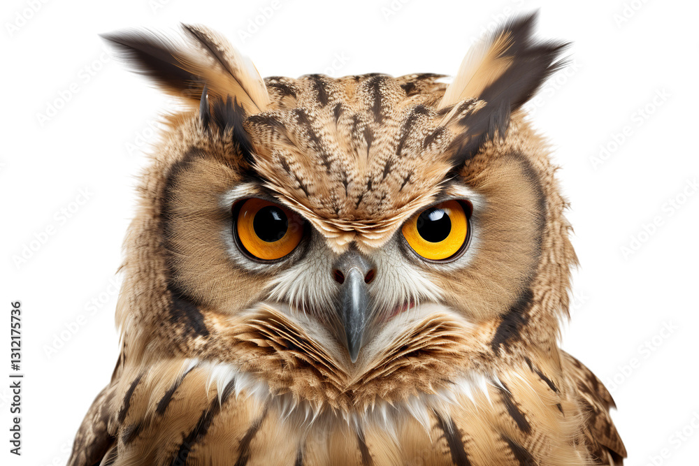 Obraz premium Close-up of a majestic adult owl with striking yellow eyes and intricate feather patterns.