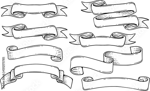 Vintage ribbons hand drawn element set. Sketch Doodle style. Isolated vector illustration.