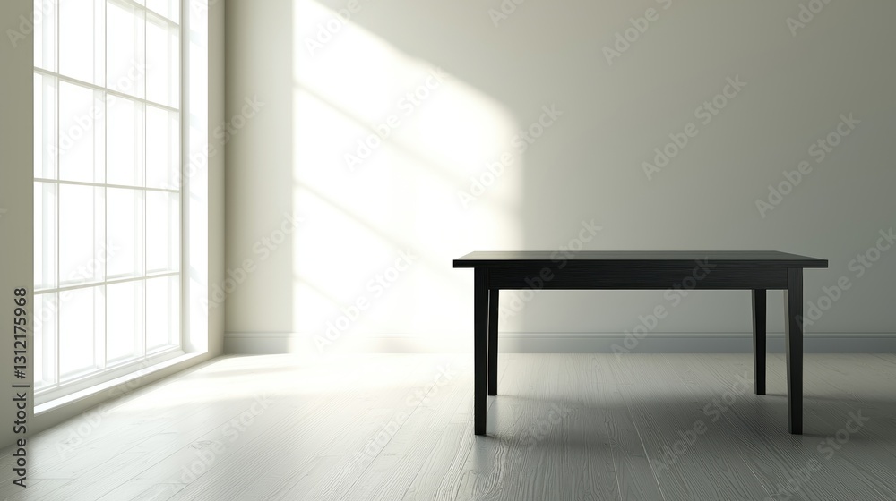 Fototapeta premium Empty black table in sunlit room with large window