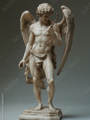 Cherubic Statue: A marble statue of an angel holding a bow and arrow with intricately carved wings and serene expression, embodying classic artistry and timeless elegance.