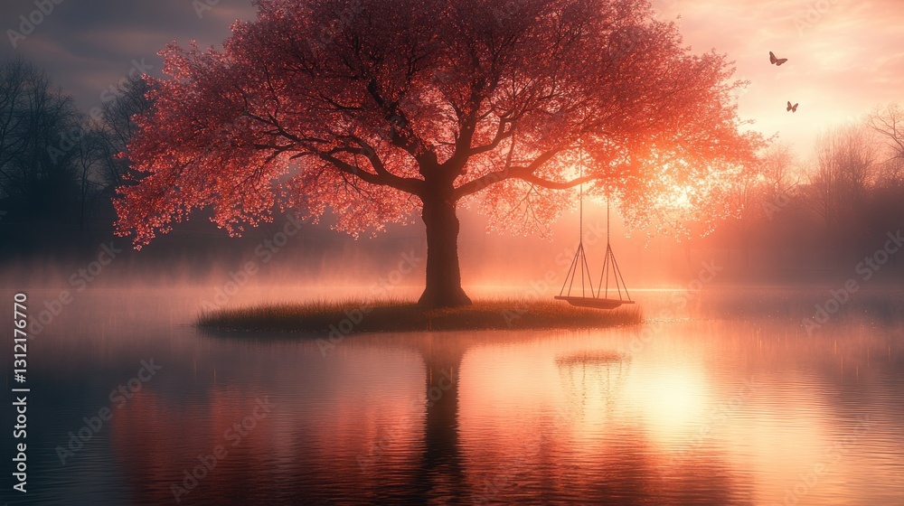 Naklejka premium Misty Sunrise, Tree, Swing, Island