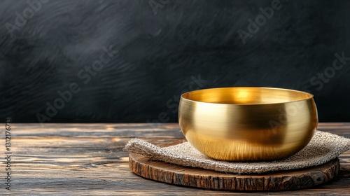 Gleaming golden singing bowl on a wooden table with burlap and a dark backdrop photo