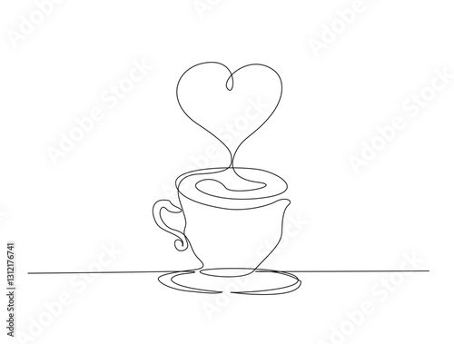 Continuous one line drawing of a cup of hot coffee. A cup of coffee with steam in single line draw illustration. Editable stroke.