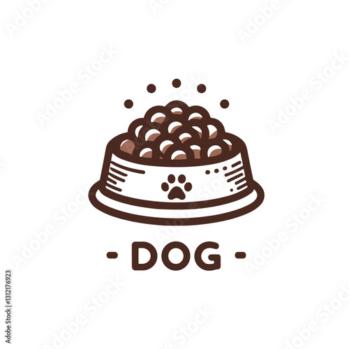 Dog food bowl with kibble and paw print for pet care concept
