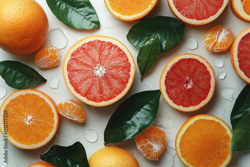 Bunch of oranges with leaves soaking in water. photo