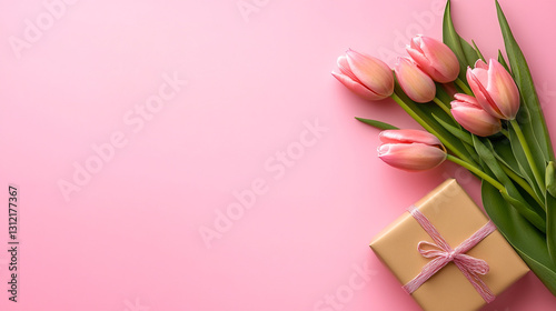 Elegant pink tulips and a gift box on a soft pink background.