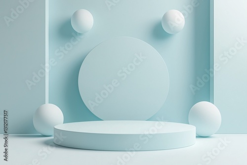 Minimalist studio setup with geometric shapes soft blue background digital art calm aesthetic