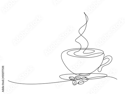 Continuous one line drawing of a cup of hot coffee. A cup of coffee with beans in single line draw illustration. Editable stroke.