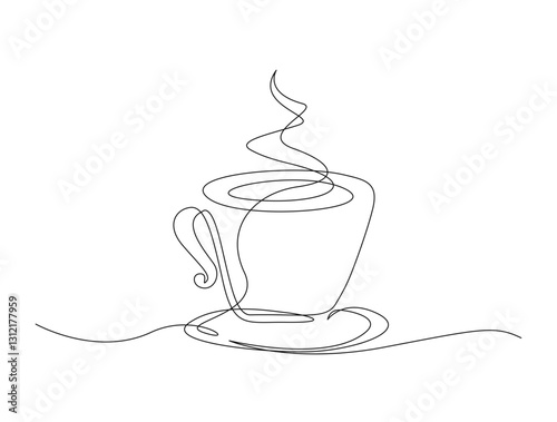 Continuous one line drawing of a cup of hot coffee. A cup of coffee with steam in single line draw illustration. Editable stroke.