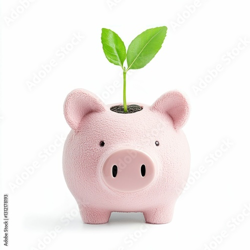 Piggy Bank with a Growing Plant Sprout Isolated on White Background