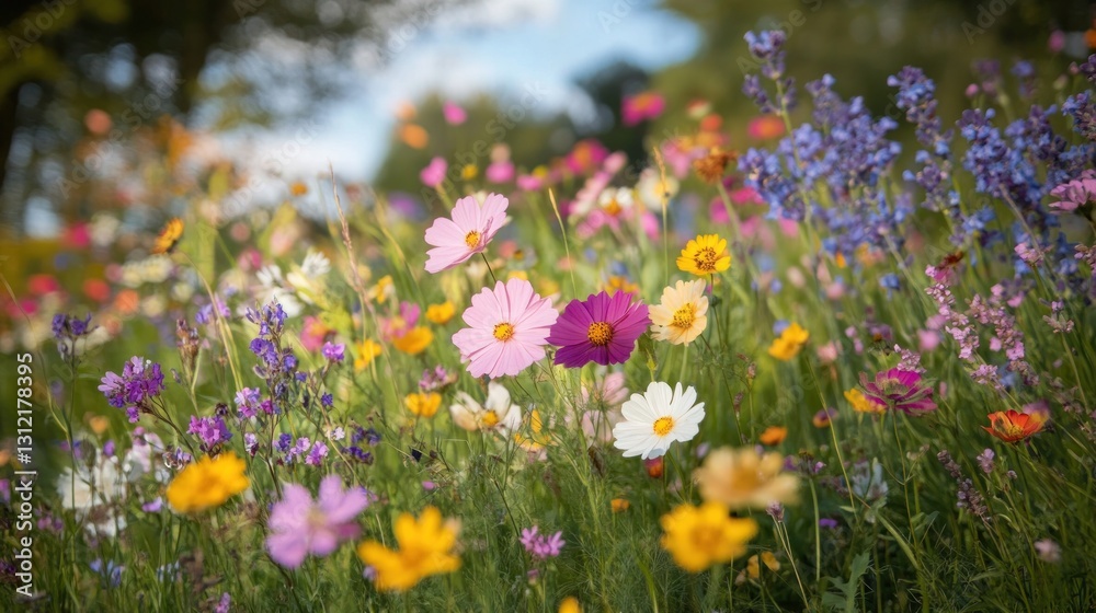 Vibrant meadow of wildflowers in full bloom Vibrant meadow of wildflowers in full bloom