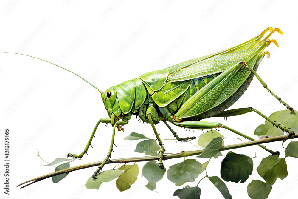 A vibrant green grasshopper perched on a leafy branch, showcasing its intricate details and natural beauty. A vibrant green grasshopper perched on a leafy branch, showcasing its intricate details and natural beauty.