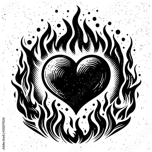 Heart shape burning fire sketch engraving black and white outline. Scratch board imitation.  illustrated in vintage line art style on a white background.