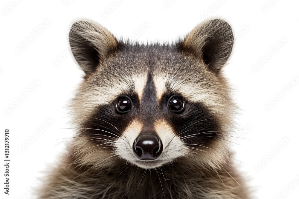 Close-up of a cute raccoon with bright eyes and detailed fur on a white background. Close-up of a cute raccoon with bright eyes and detailed fur on a white background.