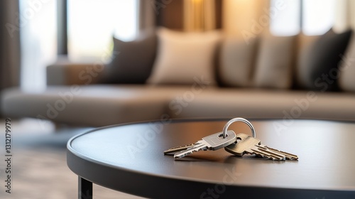 A welcoming scene with keys resting on a table in a new apartment, house, or hotel room.