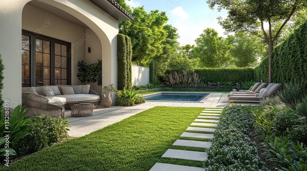 A beautiful exterior with a patio and a small swimming pool