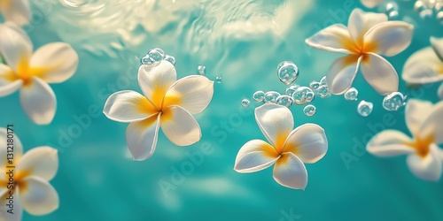 Floating plumeria flowers with white and yellow petals on a turquoise background