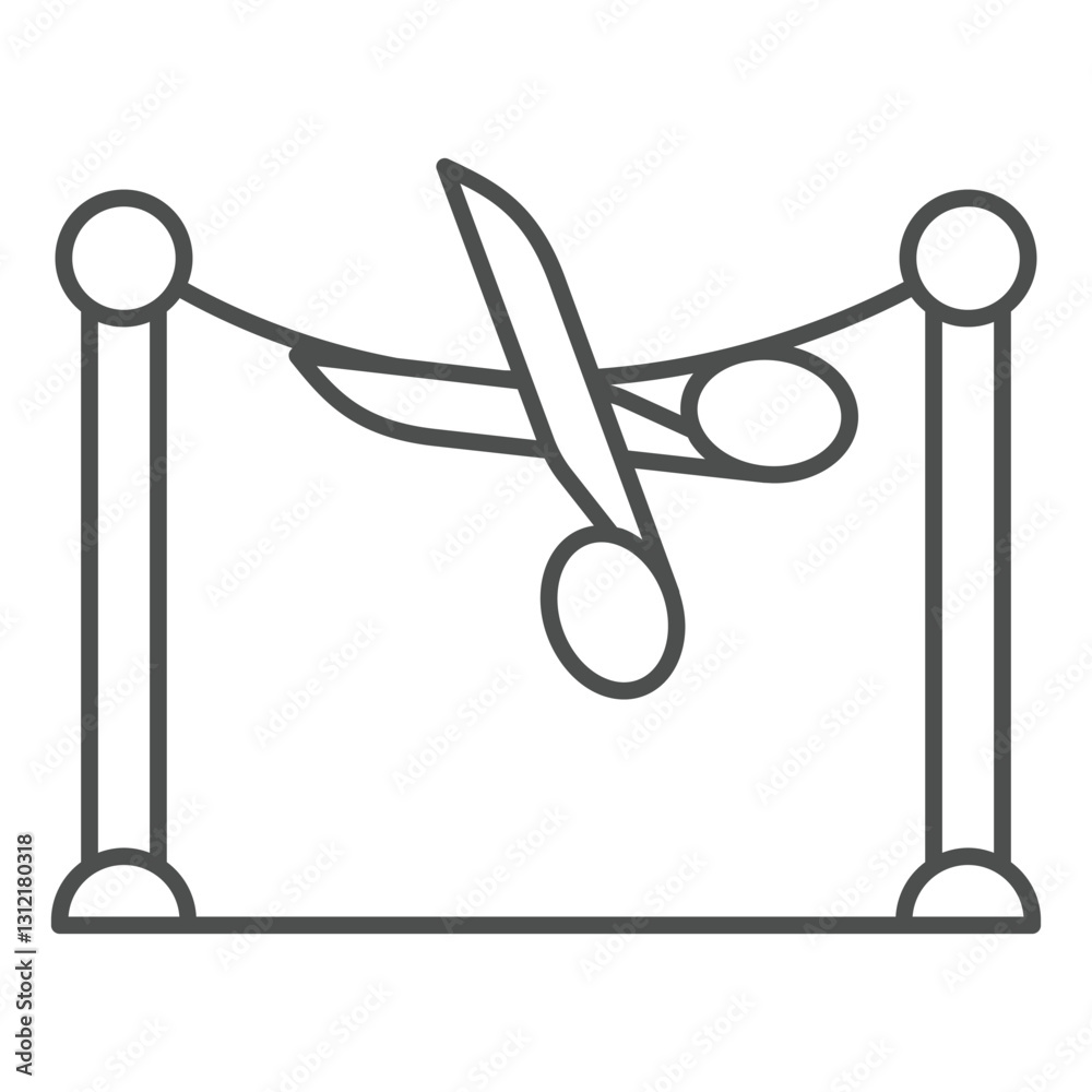Scissors cut tape barrier thin line icon, exhibition opening concept. Vector graphics. Cutout ribbon tape sign on white background, outline style icon for mobile or web design.