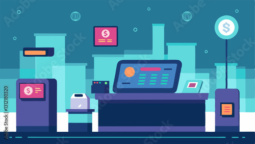 Virtual Checkout Counters Futuristic checkout stations with minimalistic design complete with scanners and digital currency screens for fast and convenient checkouts.