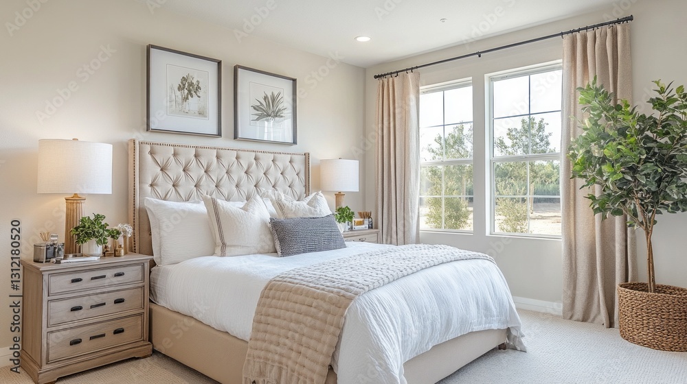 Fototapeta premium Soft sunlight filters through alpine oat curtains, illuminating a beautifully styled bedroom