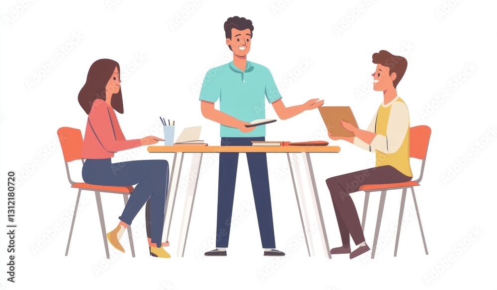 Three colleagues collaborating at a table, discussing documents and ideas. Three colleagues collaborating at a table, discussing documents and ideas.