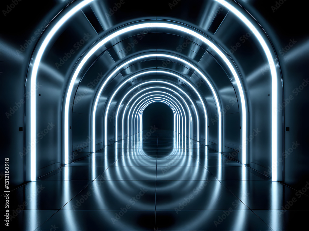 Fototapeta premium Futuristic neon tunnel with glowing blue lights, sleek design, and sci-fi corridor aesthetic.