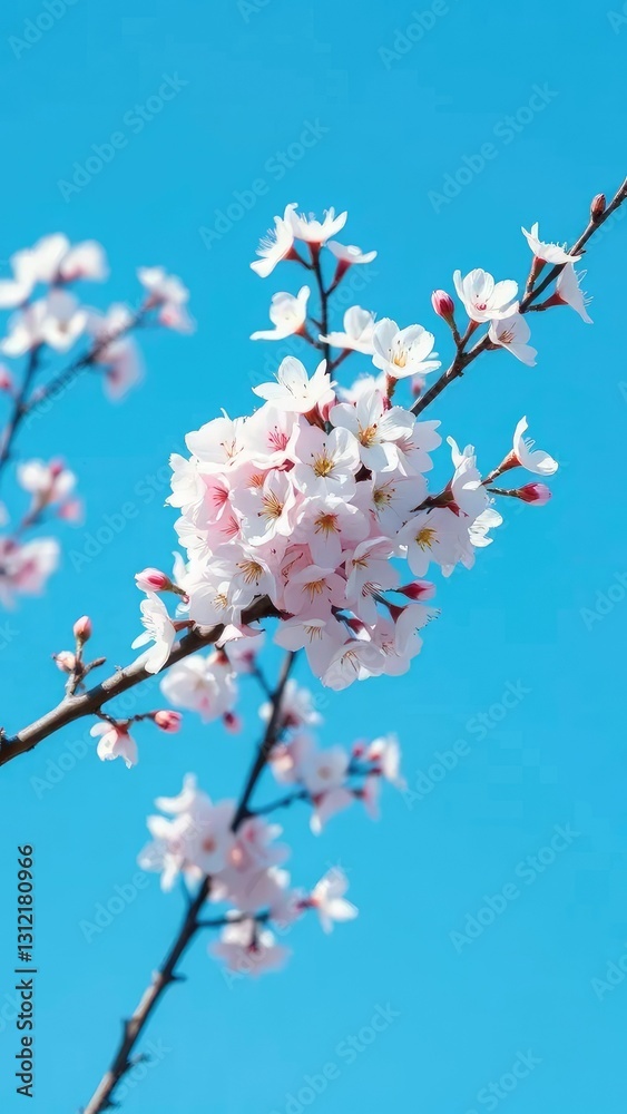 Cherry blossom branches against a plain blue background with pale pink flowers, trees, sakura, background Cherry blossom branches against a plain blue background with pale pink flowers, trees, sakura, background